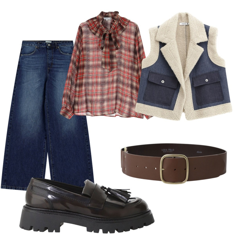 Outfit donna - Passeggiata tra le foglie. Stile Casual per Tutti i giorni. Abbinamento con gilet, bluse, cinture, mocassini, jeans.