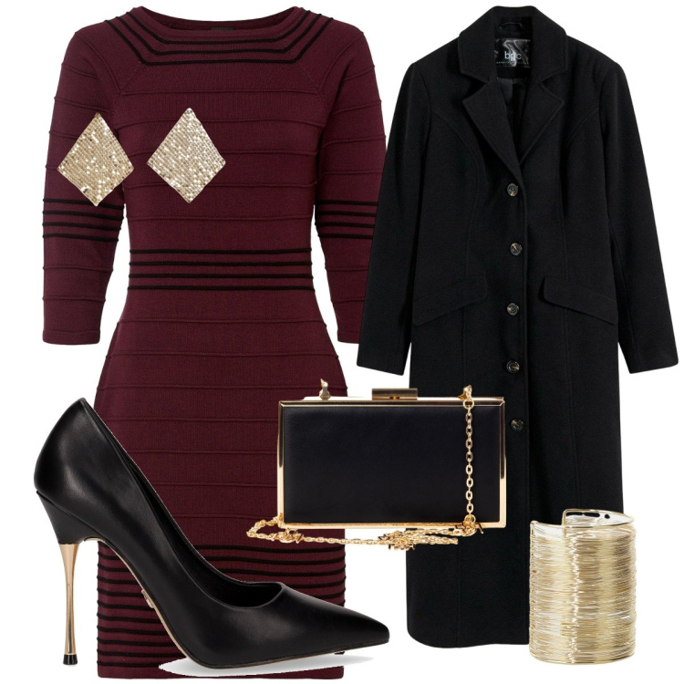 Outfit donna - Gold details. Stile Casual chic per Serata fuori. Abbinamento con cappotti, vestiti corti, orecchini, pochette, braccialetti, décolleté.