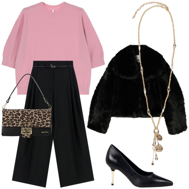 Outfit donna - Cena da amici. Stile Bon Ton per Serata fuori. Abbinamento con blazer, décolleté, pantaloni, maglieria, borse a spalla, ciondoli.