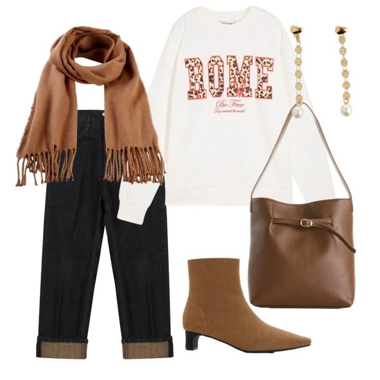Outfit donna - Cric crac passeggiata tra le foglie. Stile Casual chic per Tutti i giorni. Abbinamento con sciarpe, borse a mano, orecchini, stivaletti, felpe, jeans dritti.