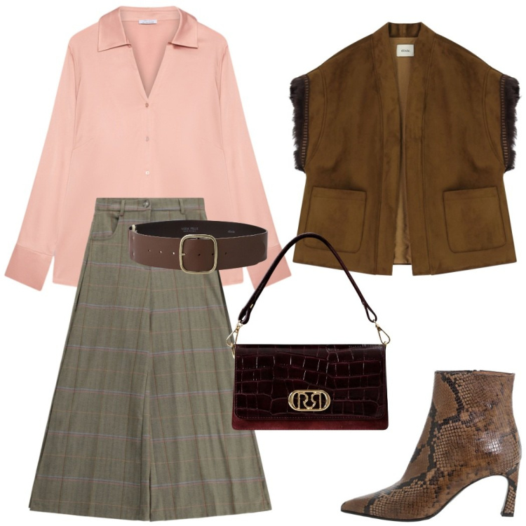 Outfit donna - Gilet protagonista. Stile Chic per Cerimonia. Abbinamento con cinture, gilet, stivaletti, borse a mano, pantaloni a palazzo, camicie.