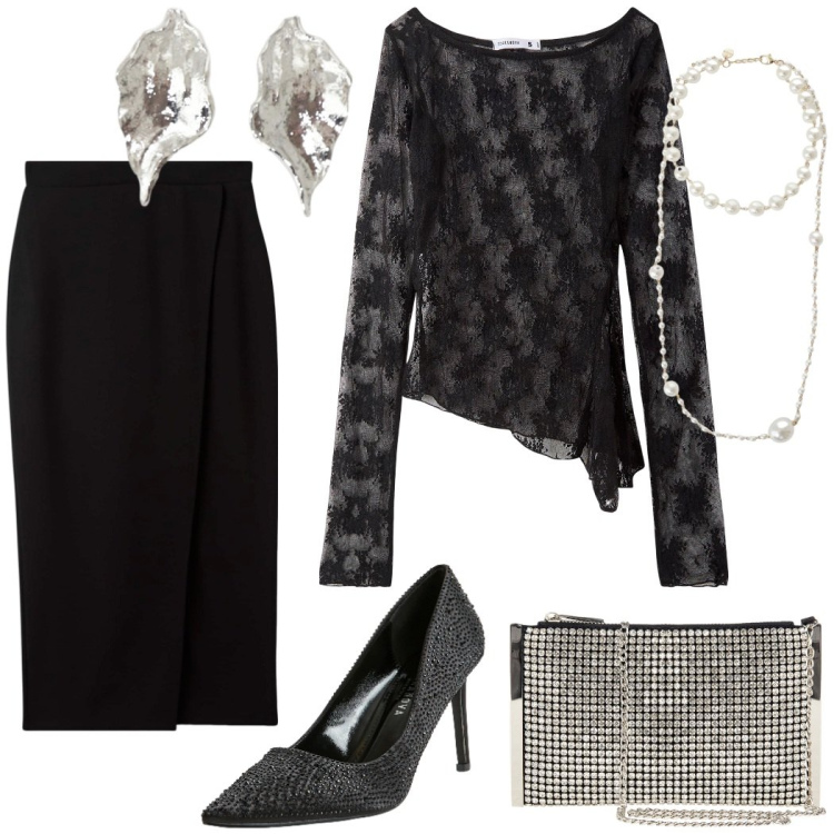 Outfit donna - Festa di compleanno. Stile Chic per Serata fuori. Abbinamento con maglieria, gonne longuette, décolleté, pochette, collane, orecchini.