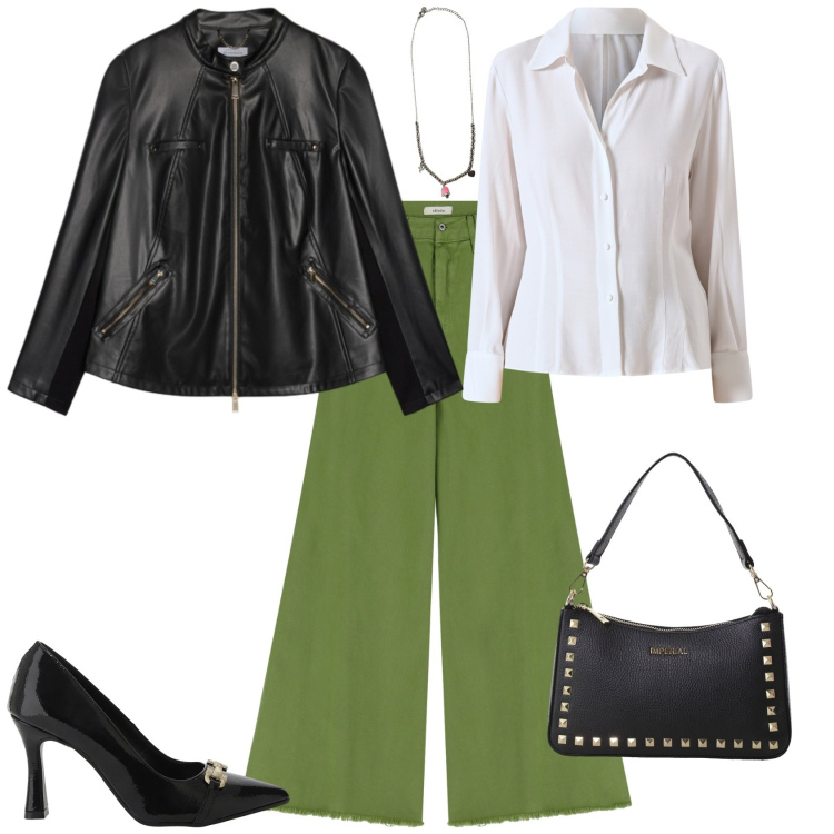 Outfit donna - Total look #2266749. Stile Casual chic per Serata fuori. Abbinamento con camicie, ciondoli, pochette, décolleté, pantaloni, giacche.