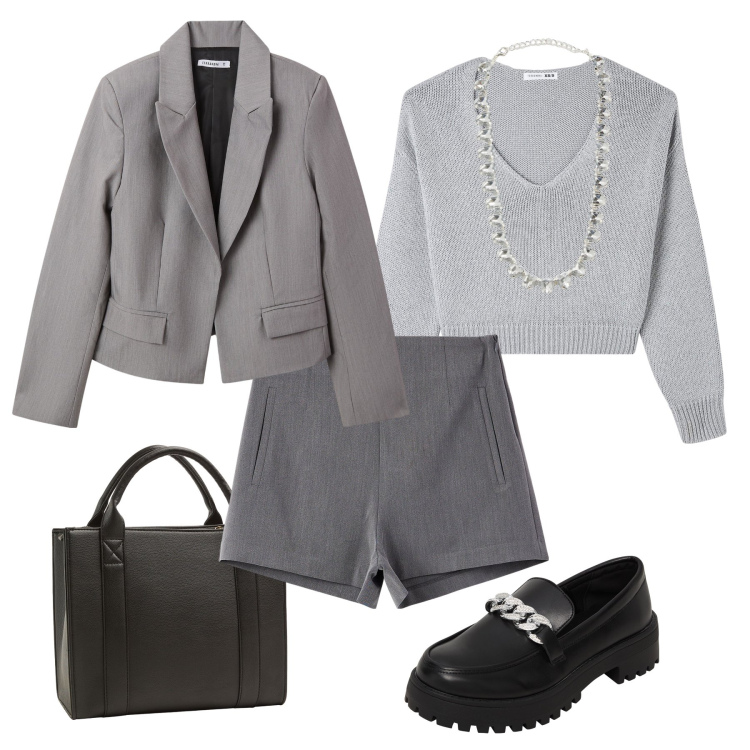 Outfit donna - Aperitivo Terranova sale. Stile Glamour per Serata fuori. Abbinamento con maglieria, mocassini, collane, borse tote, blazer, shorts.