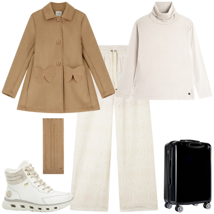 Outfit donna - Week end in montagna sporty chic. Stile Sporty chic per Tutti i giorni. Abbinamento con stivaletti, cappotti, felpe, pantaloni, sciarpe, valigie.