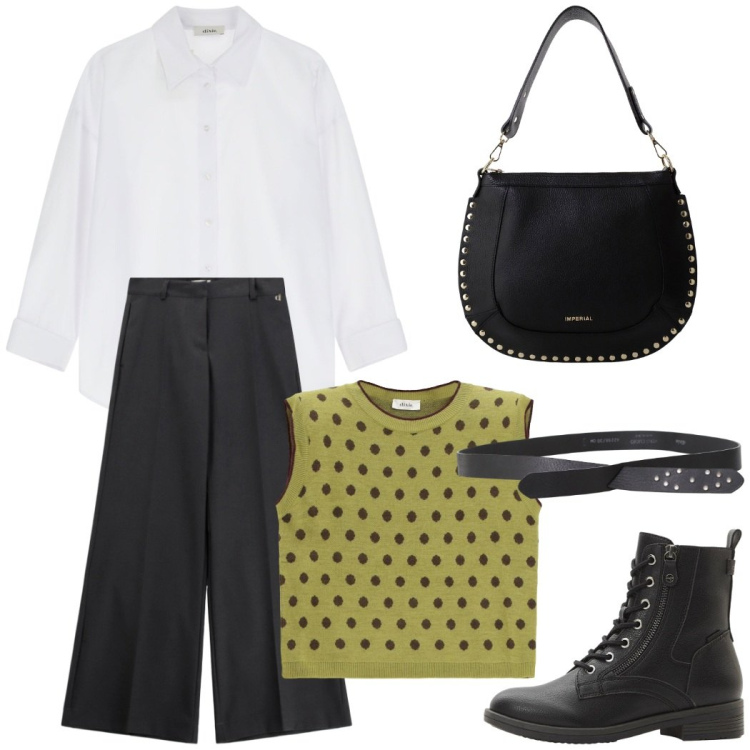 Outfit donna - L\'originale maglione smanicato. Stile Chic per Ufficio. Abbinamento con stivaletti, maglieria, camicie, cinture, pantaloni a palazzo, borse a spalla.