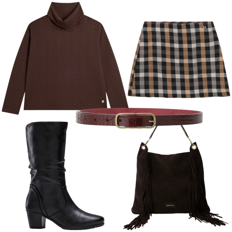 Outfit donna - Fantasie a quadri. Stile Mannish per Scuola/Università. Abbinamento con stivali, cinture, minigonne, borse a spalla, maglieria.