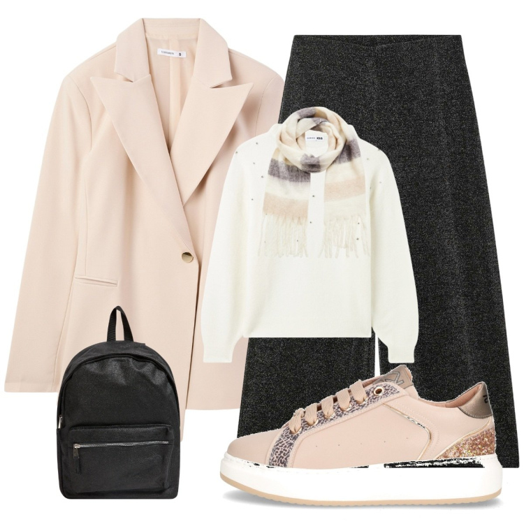 Outfit donna - Confort sales. Stile Casual per Tutti i giorni. Abbinamento con blazer, zaini, sciarpe, maglieria, pantaloni culotte, sneakers.