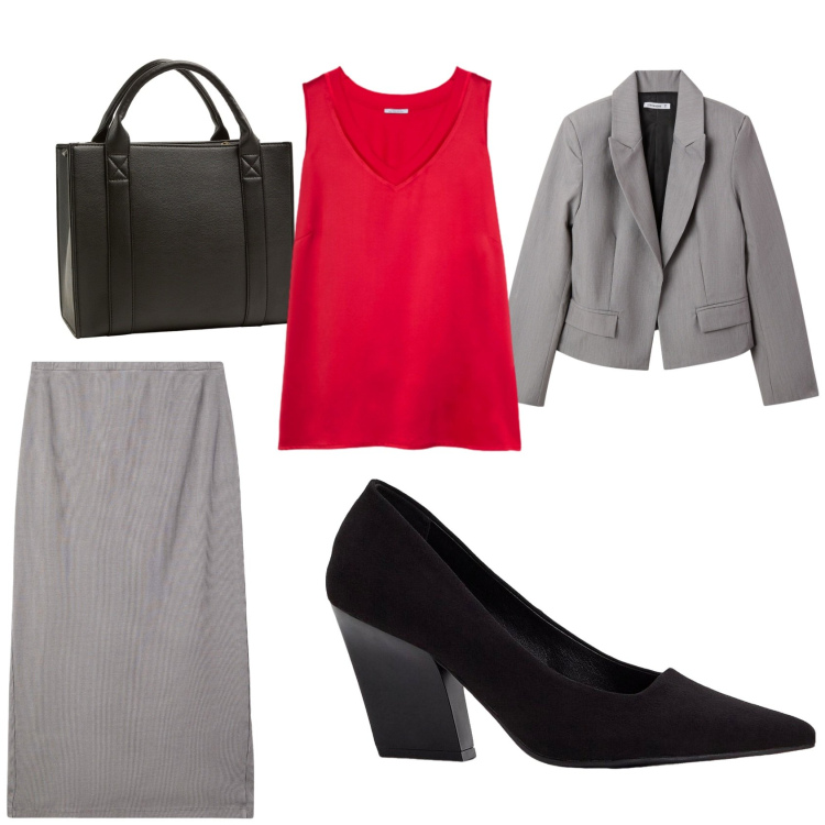 Outfit donna - L\'eleganza del tallieur. Stile Chic per Ufficio. Abbinamento con décolleté, borse tote, blazer, gonne longuette, top.