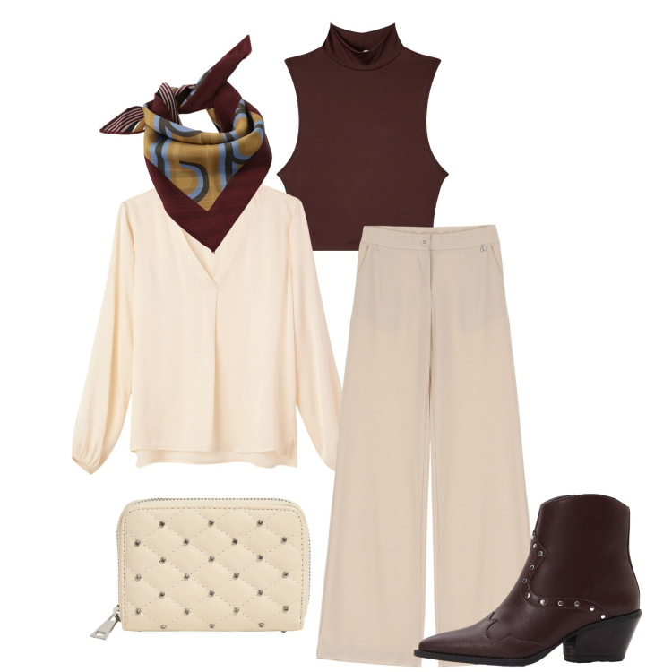Outfit donna - Total look #2266763. Stile Casual chic per Tutti i giorni. Abbinamento con stivaletti texani, portafogli, top, bluse, pantaloni, foulard.