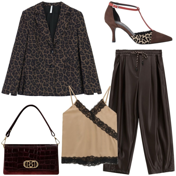 Outfit donna - La giacca animalier. Stile Casual chic per Tutti i giorni. Abbinamento con borse a mano, blazer, pantaloni a palazzo, décolleté, top.