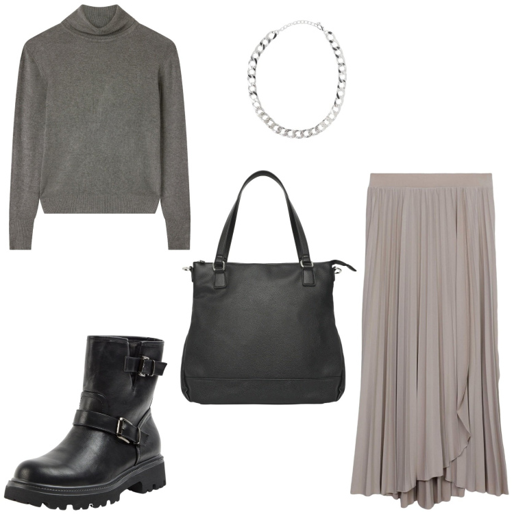 Outfit donna - Grigio nell\' armadio. Stile Chic per Tutti i giorni. Abbinamento con stivaletti, gonne lunghe, collane, shopping bag, maglieria.
