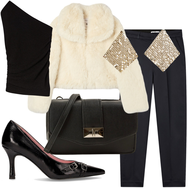 Outfit donna - Occasioni. Stile Chic per Serata fuori. Abbinamento con borse a tracolla, ecopellicce, orecchini, pantaloni chino, top, décolleté.