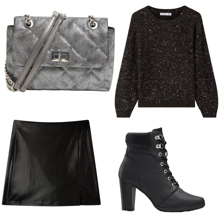 Outfit donna - Scintillante la sera. Stile Chic per Serata fuori. Abbinamento con stivaletti, maglieria, minigonne, borse a tracolla.