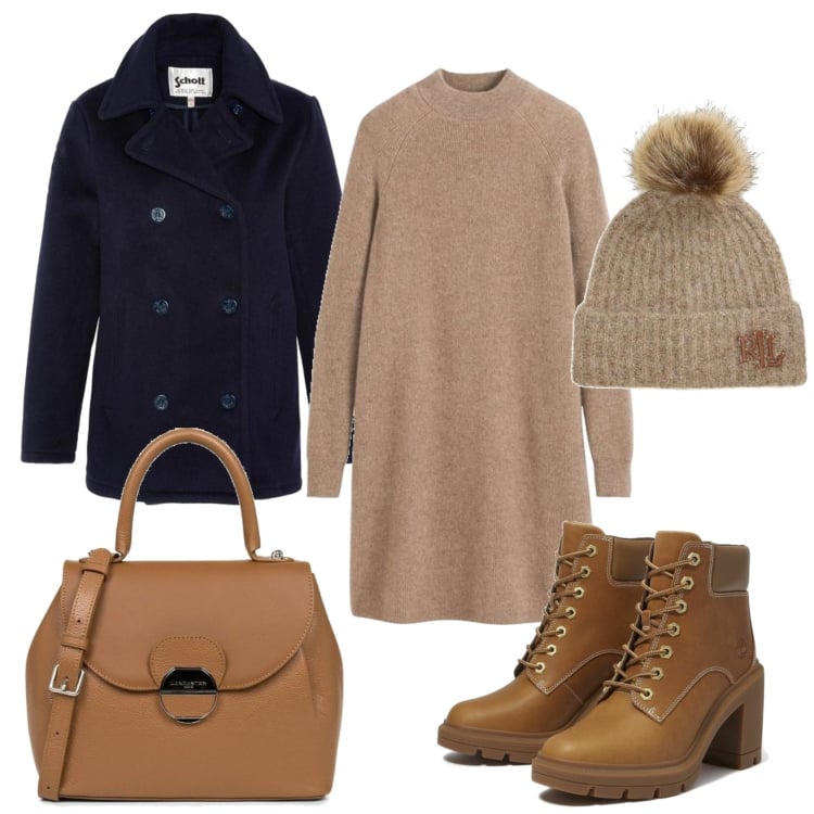 Outfit mujer - Casual #11674. Estilo Casual para Oficina. Combinación con vestidos cortos, abrigos, botas, bolsos de mano, gorros.