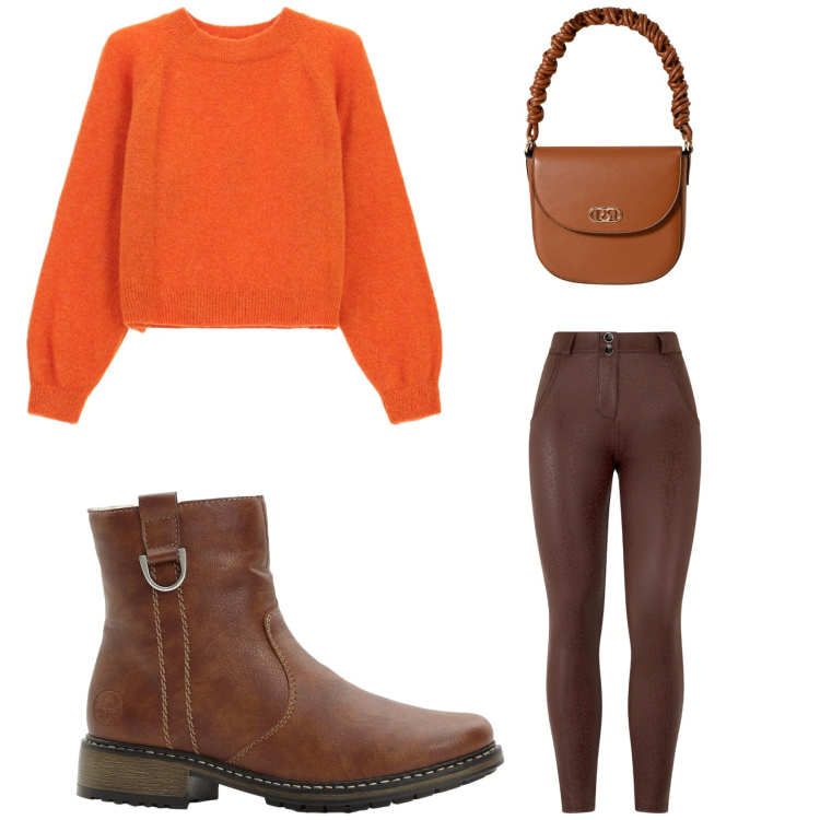 Outfit donna - Marrone e arancio: che coppia!. Stile Casual per Tutti i giorni. Abbinamento con stivaletti, borse a mano, maglieria, pantaloni skinny.