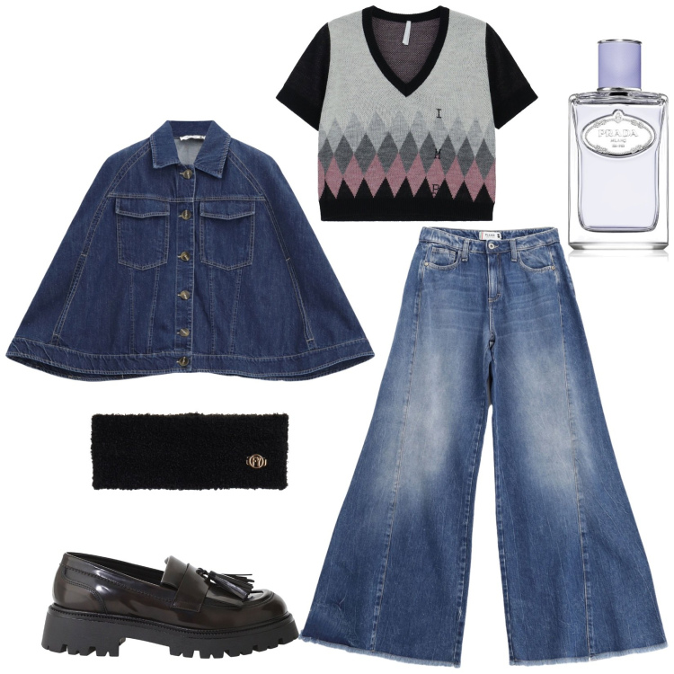 Outfit donna - Total look #2266778. Stile Casual per Tutti i giorni. Abbinamento con profumi, jeans a zampa, blazer, maglieria, mocassini, fasce per capelli.