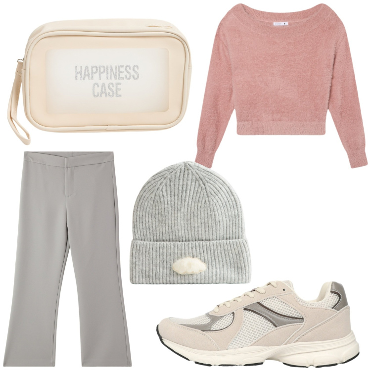Outfit donna - Autunno confortevole. Stile Basic per Tutti i giorni. Abbinamento con berretti, pantaloni, sneakers, valigie, maglieria.