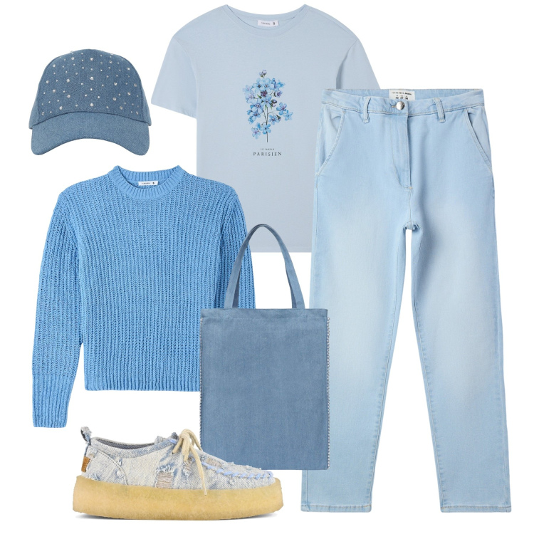 Outfit donna - Easy fit azzurro Terranova sale. Stile Casual per Tutti i giorni. Abbinamento con maglieria, cappelli, t-shirt, jeans skinny, borse tote, mocassini.