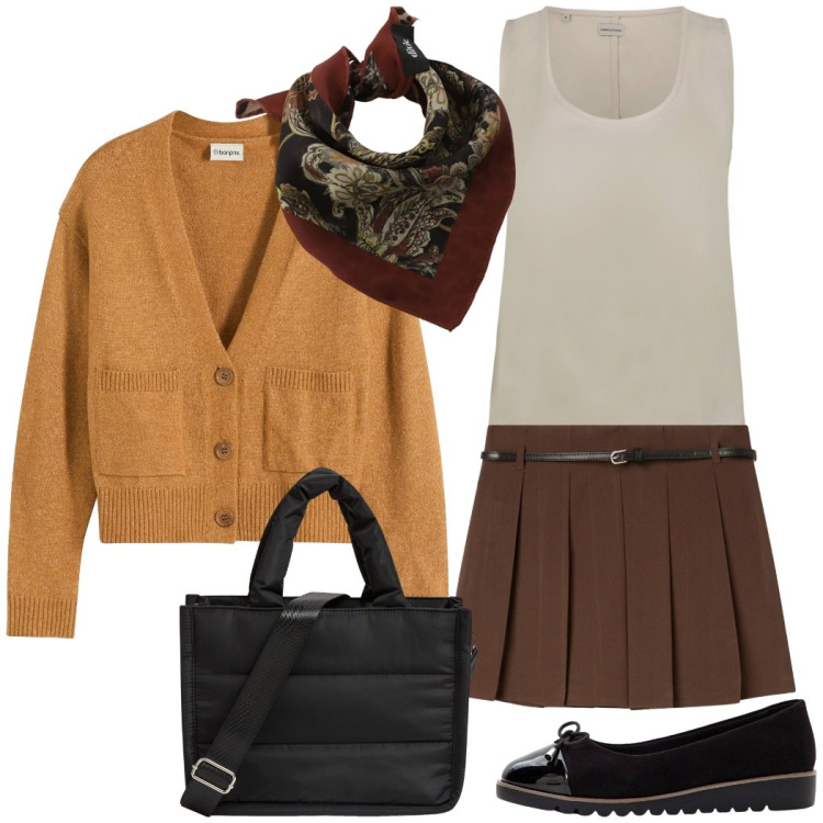 Outfit donna - A lezione. Stile Casual per Scuola/Università. Abbinamento con cardigans, ballerine, minigonne, shopping bag, foulard, top.