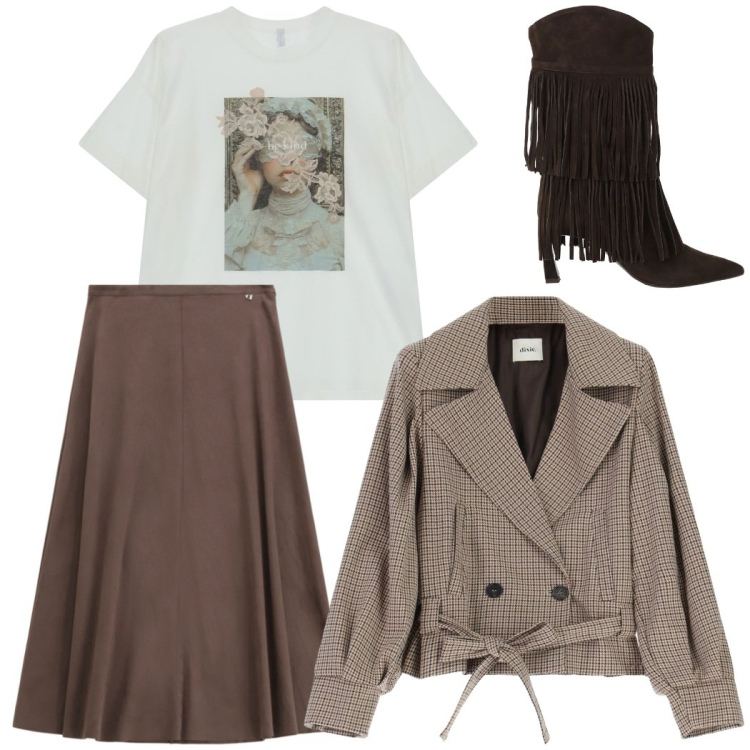 Outfit donna - Casual con stile. Stile Casual chic per Tutti i giorni. Abbinamento con t-shirt, gonne longuette, stivali, giacche.