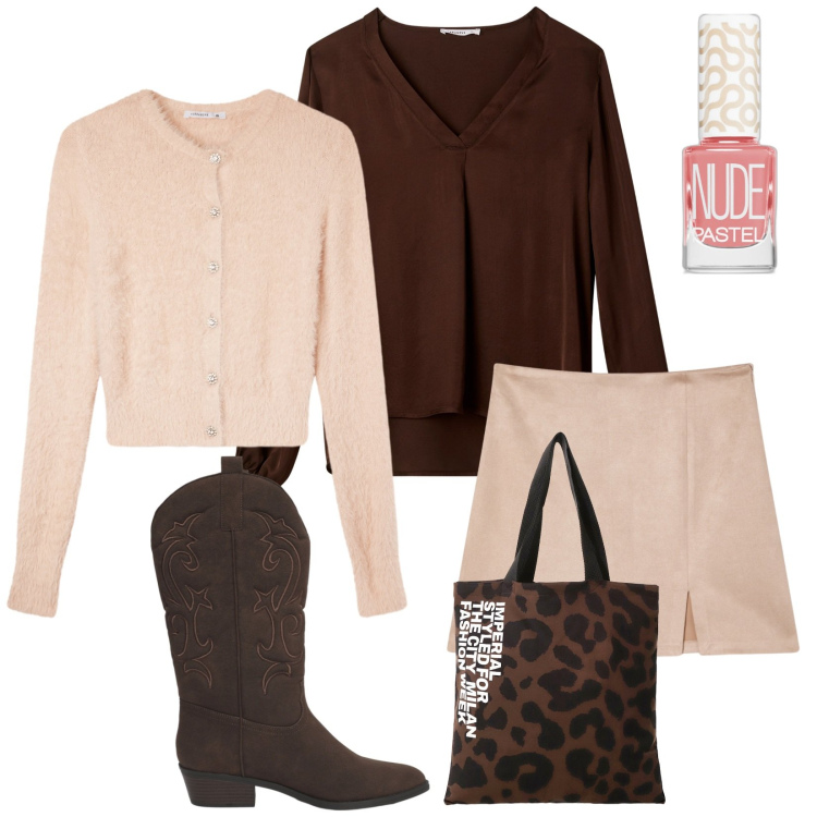 Outfit donna - Total look #2266784. Stile Casual chic per Tutti i giorni. Abbinamento con smalti, minigonne, cardigans, bluse, stivaletti texani, shopping bag.