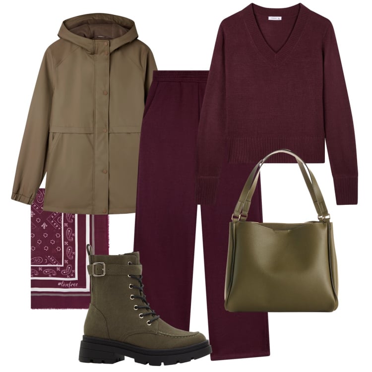 Outfit donna - Per le giornate di pioggia. Stile Casual per Tutti i giorni. Abbinamento con stivaletti, borse a mano, pantaloni, blazer, maglieria, foulard.