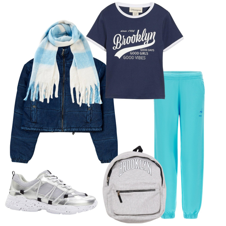 Outfit donna - Total look #2266786. Stile Casual chic per Sport. Abbinamento con t-shirt, foulard, sneakers, blazer, borse sportive, pantaloni.