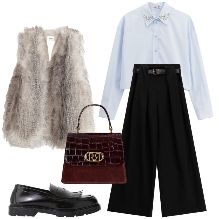 Outfit donna - Gilet protagonista. Stile Chic per Serata fuori. Abbinamento con camicie, borse a mano, mocassini, gilet, pantaloni a palazzo.