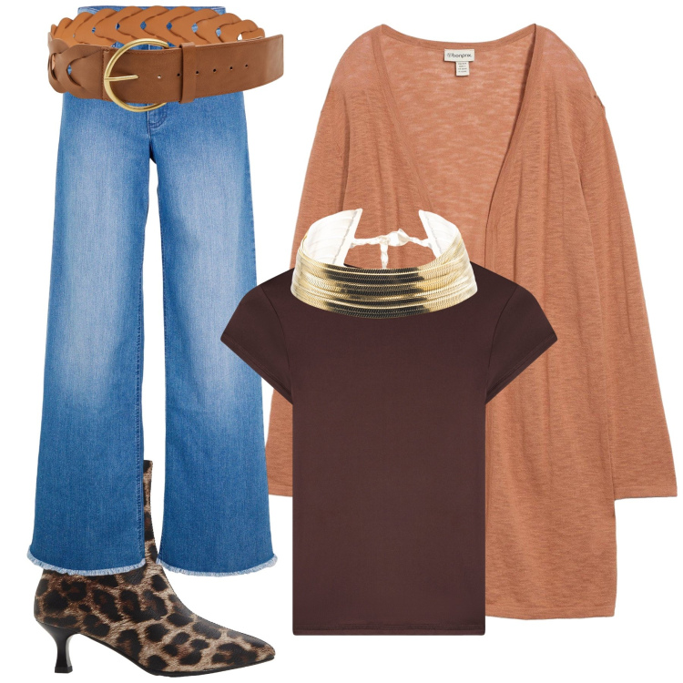 Outfit donna - Pizza fashion. Stile Casual chic per Serata fuori. Abbinamento con jeans, cardigans, stivaletti, cinture, t-shirt, braccialetti.