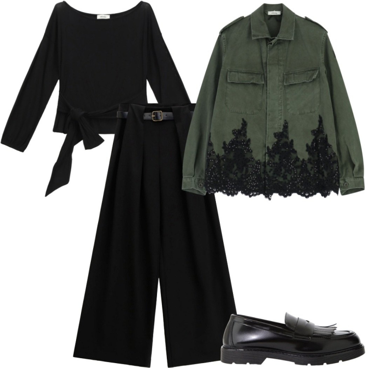 Outfit donna - Bantoa -fall. Stile Urban per Tutti i giorni. Abbinamento con top, mocassini, pantaloni a palazzo, camicie.