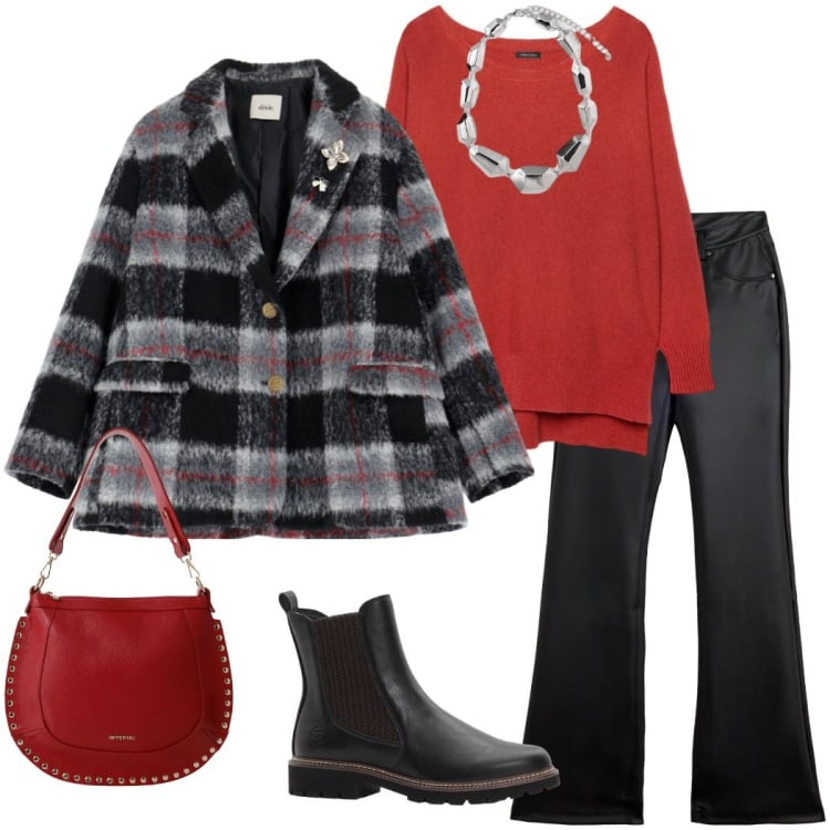 Outfit donna - Bantoa -fall. Stile Urban per Tutti i giorni. Abbinamento con stivaletti chelsea, borse a spalla, blazer, pantaloni, pullovers, ciondoli.