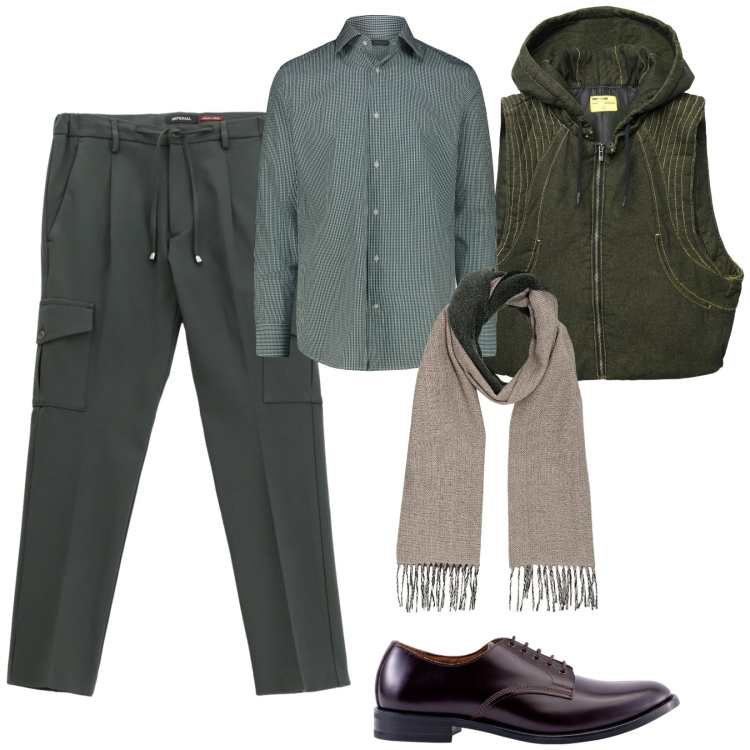 Outfit uomo - Glamour discreto. Stile Business/Elegante per Tutti i giorni. Abbinamento con gilet, pantaloni cargo, scarpe stringate, camicie, sciarpe.