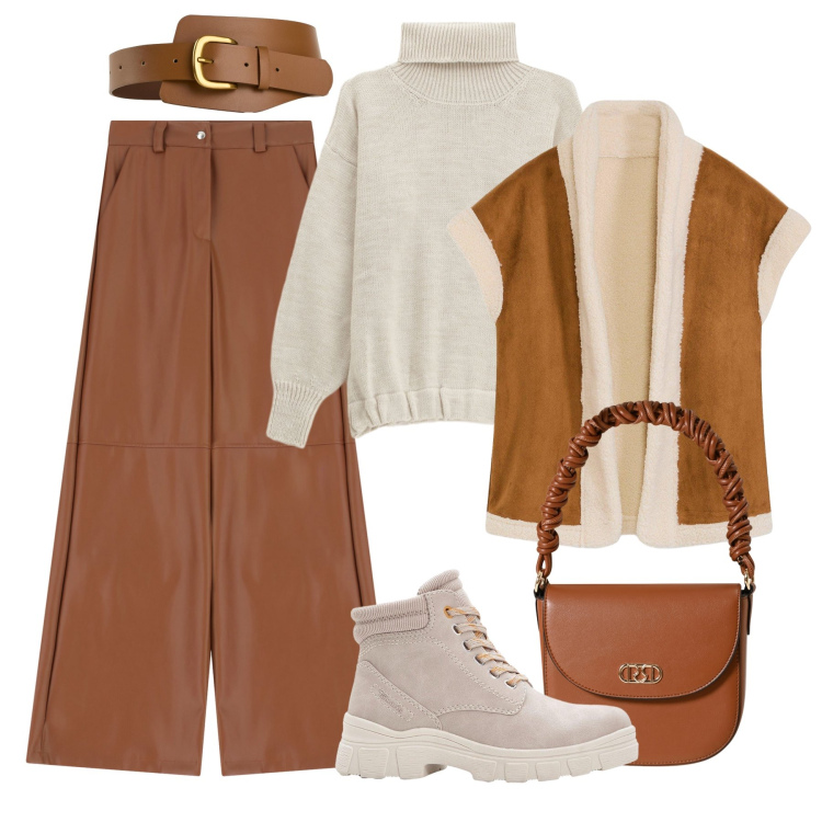 Outfit donna - Glam in baita. Stile Casual chic per Tutti i giorni. Abbinamento con piumini, stivaletti, cinture, maglieria, pantaloni a palazzo, borse a mano.