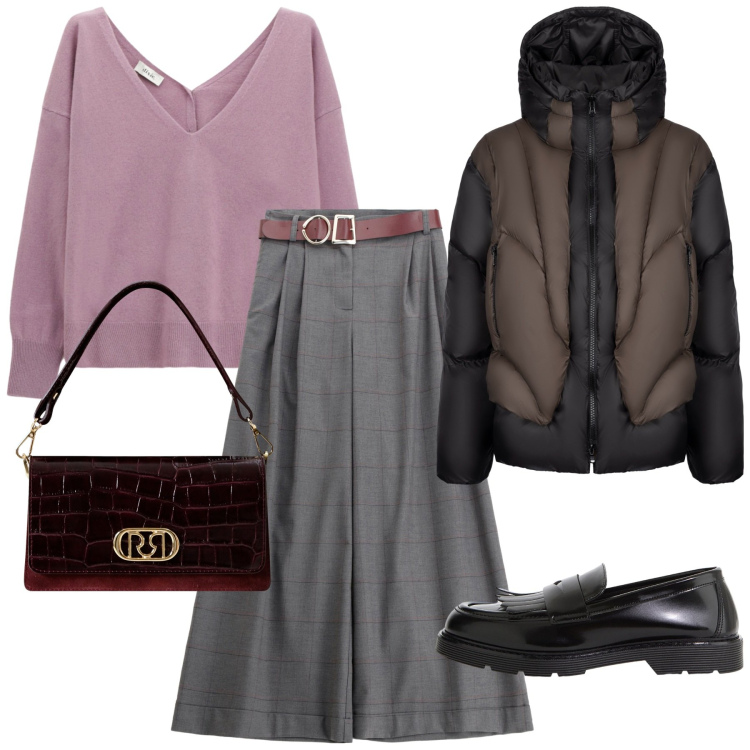 Outfit donna - Total look #2266796. Stile Glamour per Ufficio. Abbinamento con borse a mano, pantaloni, piumini, mocassini, maglieria.