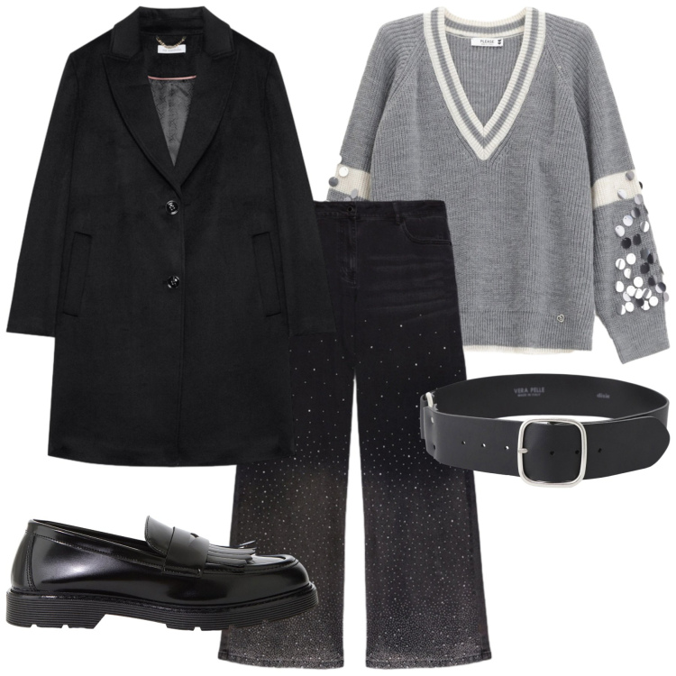 Outfit donna - Total look #2266798. Stile Casual chic per Serata fuori. Abbinamento con maglieria, mocassini, cinture, jeans, cappotti.