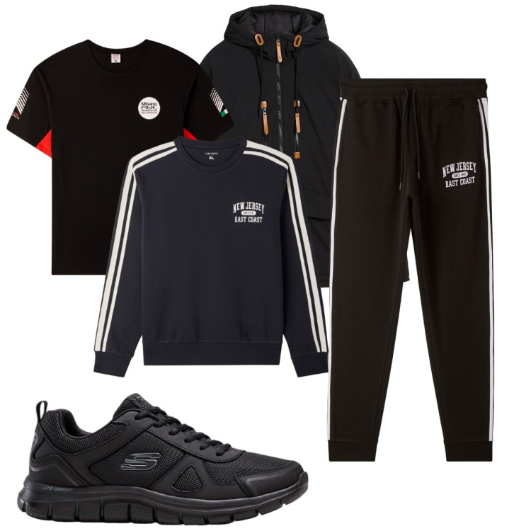 Outfit uomo - Total look #2266803. Stile Casual per Sport. Abbinamento con sneakers, parka, pantaloni sportivi, felpe sportive, t-shirt sportive.