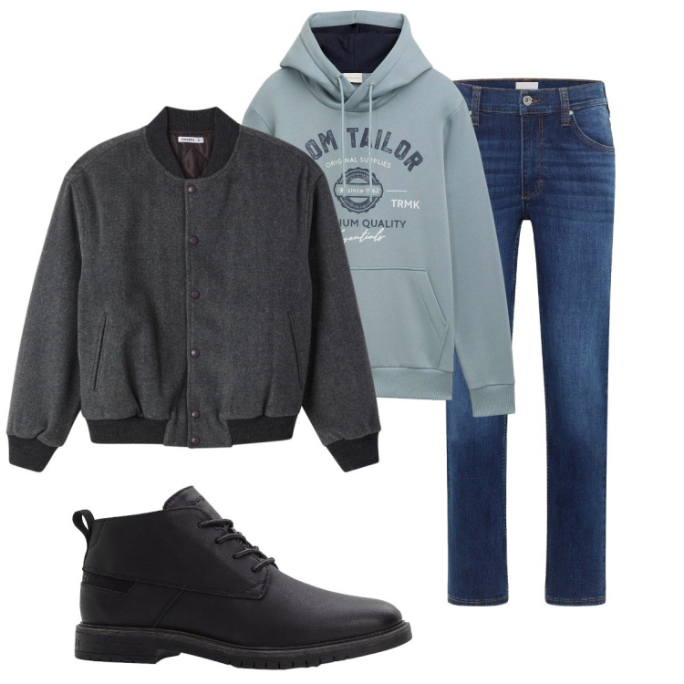 Outfit uomo - Total look #2266806. Stile Casual per Tutti i giorni. Abbinamento con jeans dritti, stivali e stivaletti, felpe con cappuccio, bomber.