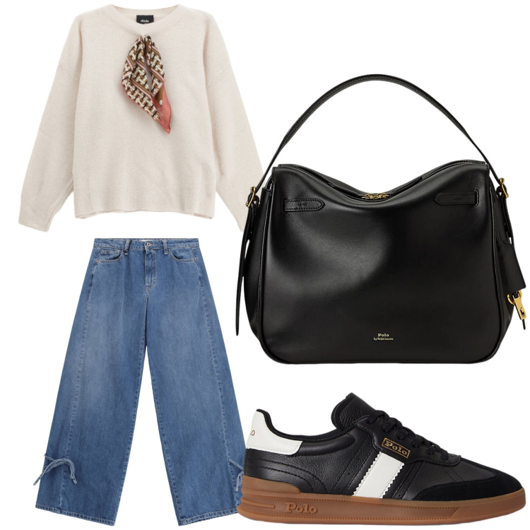 Outfit donna - Aperitivo. Stile Trendy per Tutti i giorni. Abbinamento con jeans, maglieria, borse a mano, sneakers.