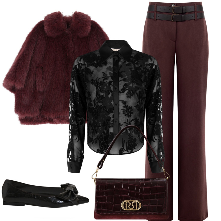 Outfit donna - Bordeaux e nero. Stile Glamour per Serata fuori. Abbinamento con blazer, pantaloni, camicie, ballerine, borse a mano.