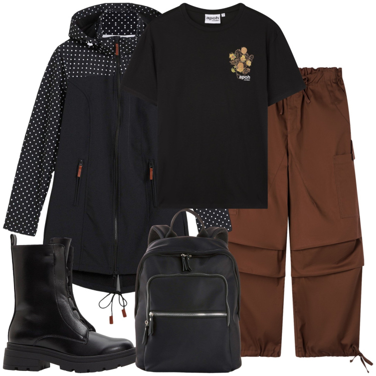 Outfit donna - Sportive a scuola. Stile Urban per Scuola/Università. Abbinamento con blazer, stivaletti, zaini, pantaloni cargo, t-shirt.