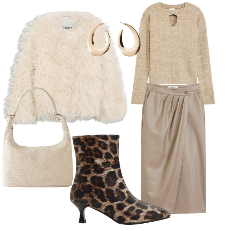Outfit donna - Total look #2266810. Stile Trendy per Tutti i giorni. Abbinamento con gonne longuette, maglieria, ecopellicce, stivaletti, orecchini, shopping bag.