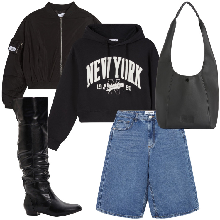 Outfit donna - Trendy in città. Stile Trendy per Tutti i giorni. Abbinamento con stivali sopra il ginocchio, bermuda, felpe con cappuccio, bomber, borse a spalla.
