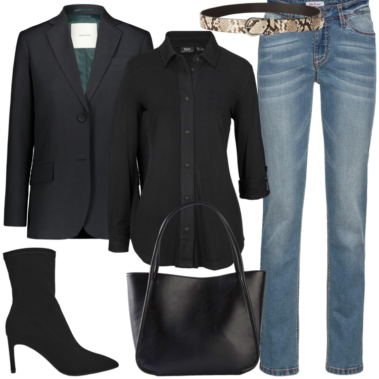 Outfit donna - Una serata con le amiche. Stile Trendy per Serata fuori. Abbinamento con jeans dritti, camicie, shopping bag, stivali, cinture, blazer.