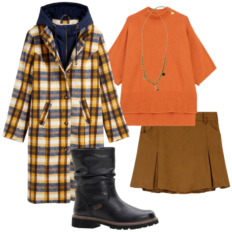 Outfit donna - Arancione in autunno. Stile Casual per Scuola/Università. Abbinamento con cappotti, stivali, minigonne, maglieria, ciondoli.
