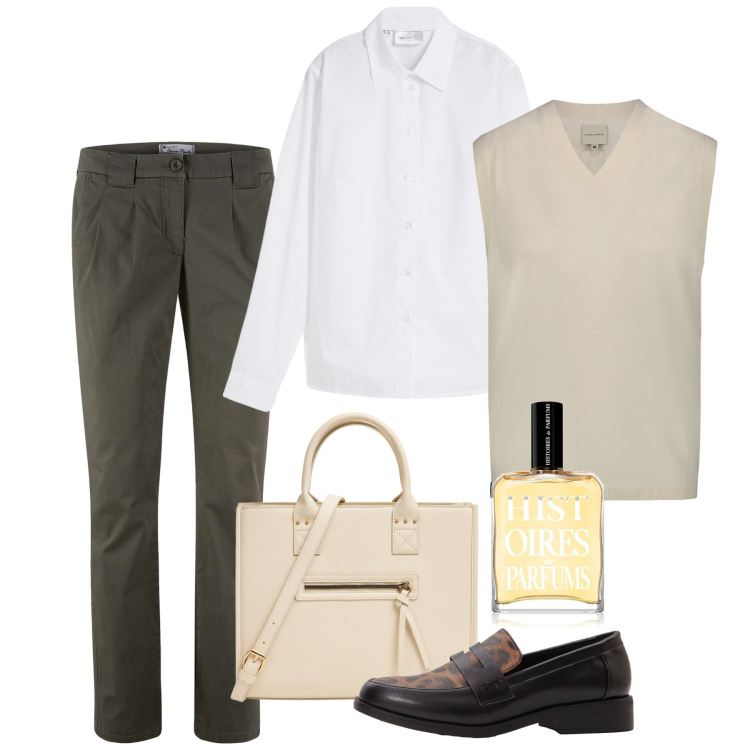 Outfit donna - Mannish in ufficio. Stile Mannish per Ufficio. Abbinamento con pantaloni chino, camicie, mocassini, profumi, shopping bag, maglieria.