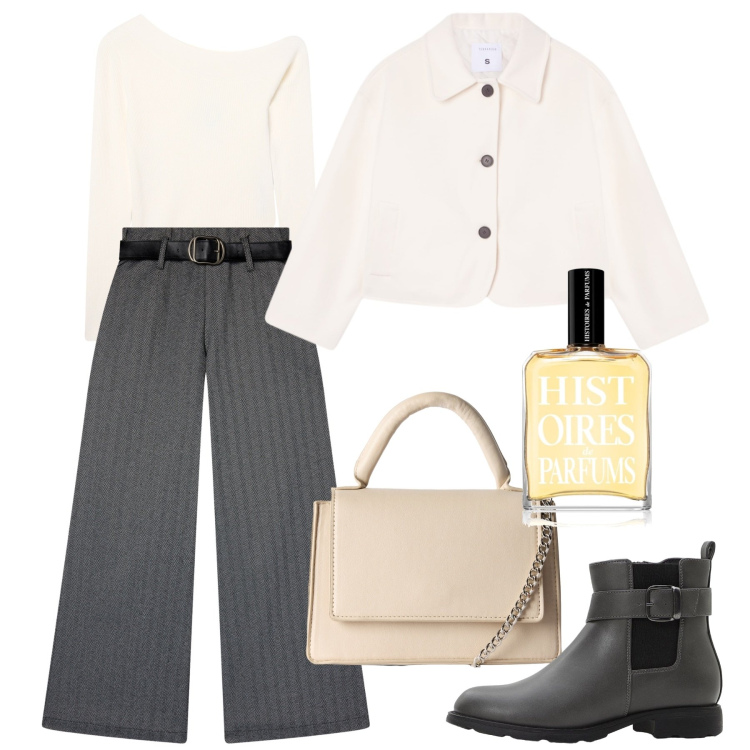 Outfit donna - Avorio e gessato. Stile Bon Ton per Tutti i giorni. Abbinamento con stivaletti chelsea, profumi, pantaloni, blazer, maglieria, borse a tracolla.