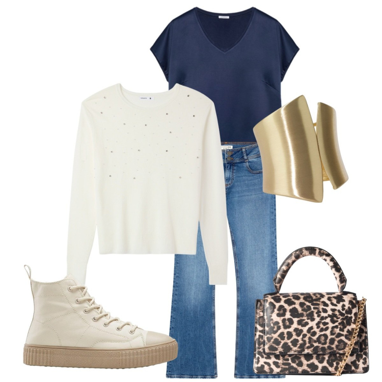 Outfit donna - Girl. Stile Casual per Tutti i giorni. Abbinamento con sneakers alte, maglieria, borse a tracolla, jeans a zampa, anelli, bluse.