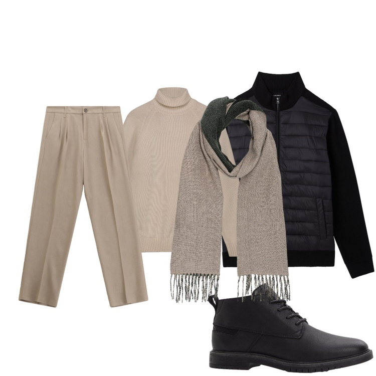 Outfit uomo - beige e nero: vincente…. Stile Trendy per Tutti i giorni. Abbinamento con stivali e stivaletti, giacche, pantaloni, sciarpe, pullovers.