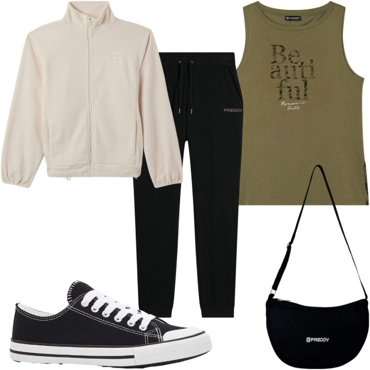 Outfit donna - Total look #2266847. Stile Basic per Sport. Abbinamento con sneakers, felpe, borse a spalla, pantaloni, canottiere.
